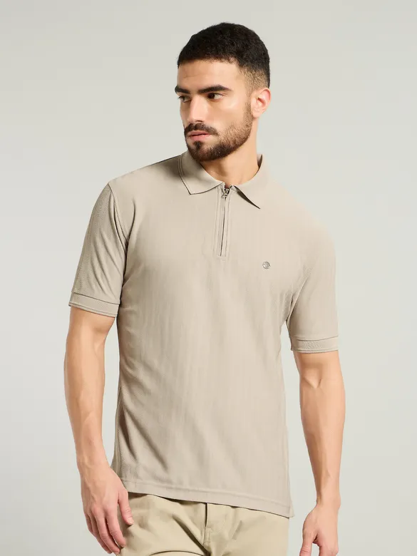 Soft Beige Textured Zipper Polo T-shirt