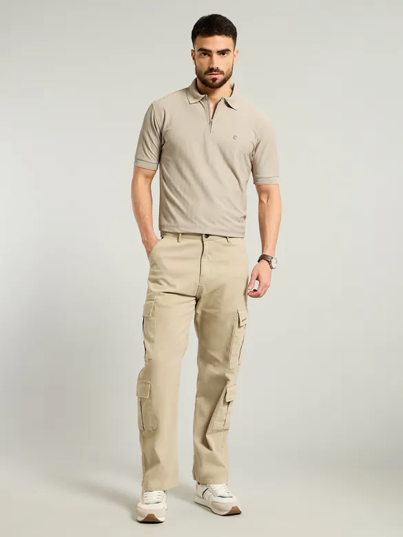 Soft Beige Textured Zipper Polo T-shirt
