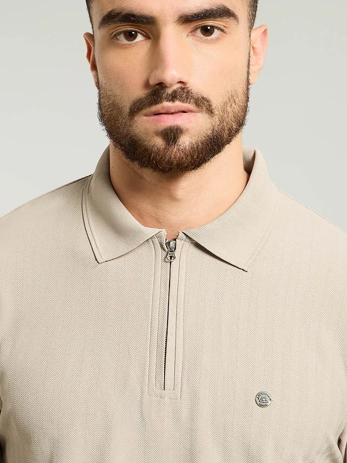 Soft Beige Textured Zipper Polo T-shirt