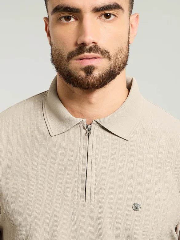 Soft Beige Textured Zipper Polo T-shirt