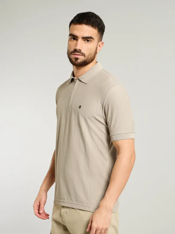 Soft Beige Textured Zipper Polo T-shirt