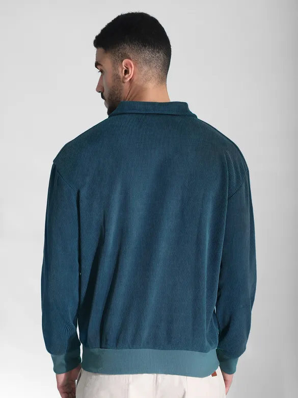 Teal Blue Polo Collar Sweatshirt