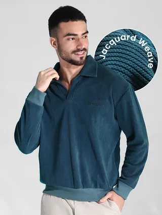 Teal Blue Polo Collar Sweatshirt