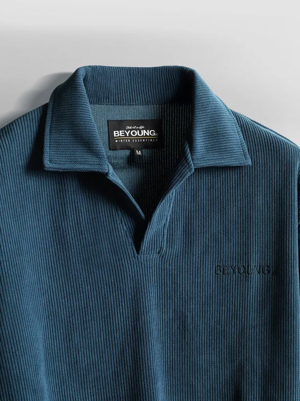 Teal Blue Polo Collar Sweatshirt