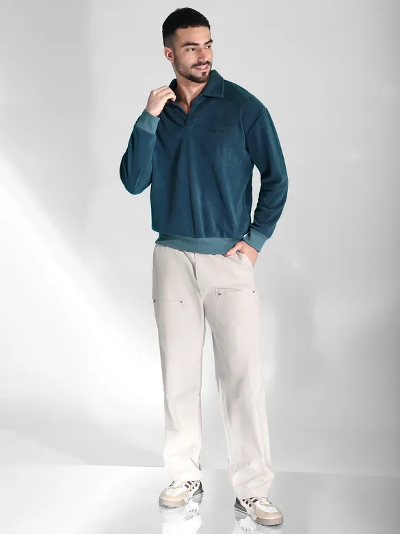 Teal Blue Polo Collar Sweatshirt