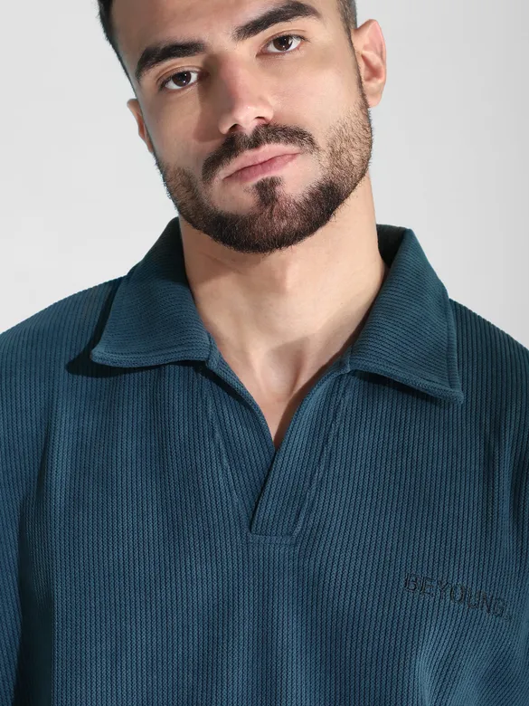 Teal Blue Polo Collar Sweatshirt