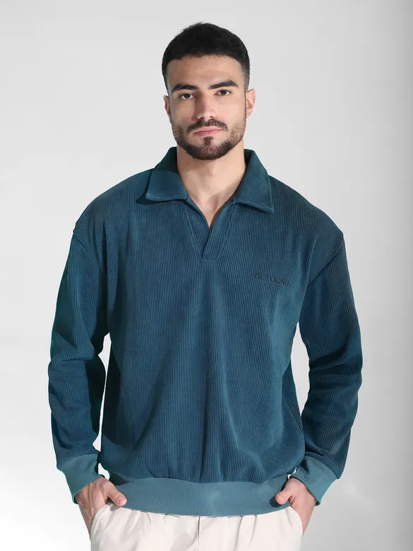 Teal Blue Polo Collar Sweatshirt