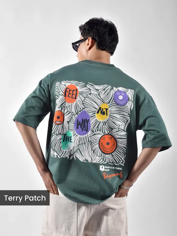 Teal Green Blooming Puff Printed Oversized T-Shirt