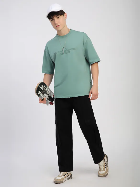 Teal Green Peace Printed Ribbed Edge Oversized T-Shirt