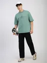 Teal Green Peace Printed Ribbed Edge Oversized T-Shirt