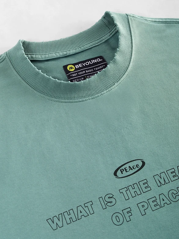 Teal Green Peace Printed Ribbed Edge Oversized T-Shirt