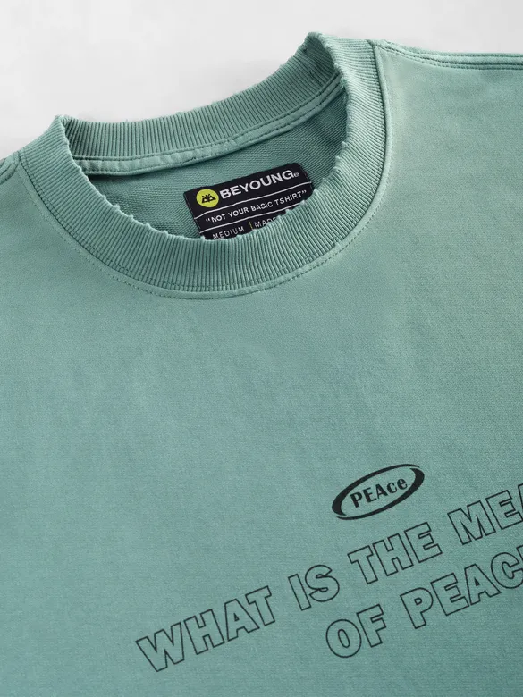 Teal Green Peace Printed Ribbed Edge Oversized T-Shirt