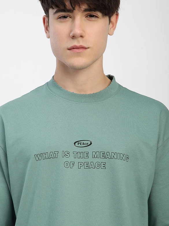 Teal Green Peace Printed Ribbed Edge Oversized T-Shirt