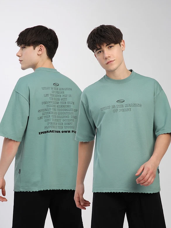 Teal Green Peace Printed Ribbed Edge Oversized T-Shirt