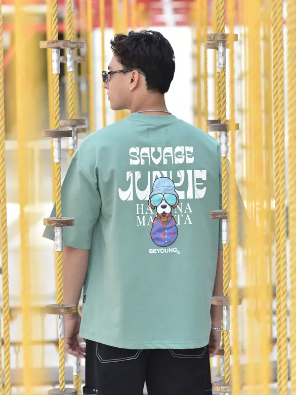 Teal Green Savage Junkie Embroidered Patch Oversized T-Shirt