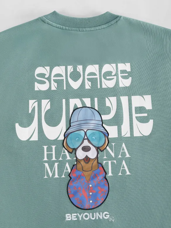 Teal Green Savage Junkie Embroidered Patch Oversized T-Shirt