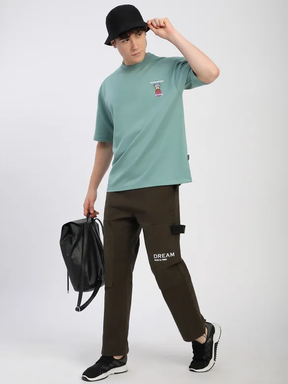 Teal Green Savage Junkie Embroidered Patch Oversized T-Shirt