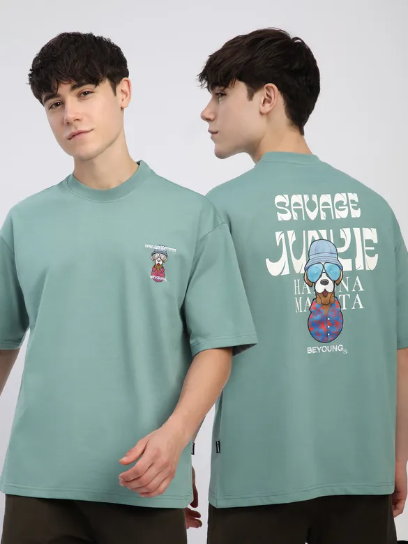 Teal Green Savage Junkie Embroidered Patch Oversized T-Shirt