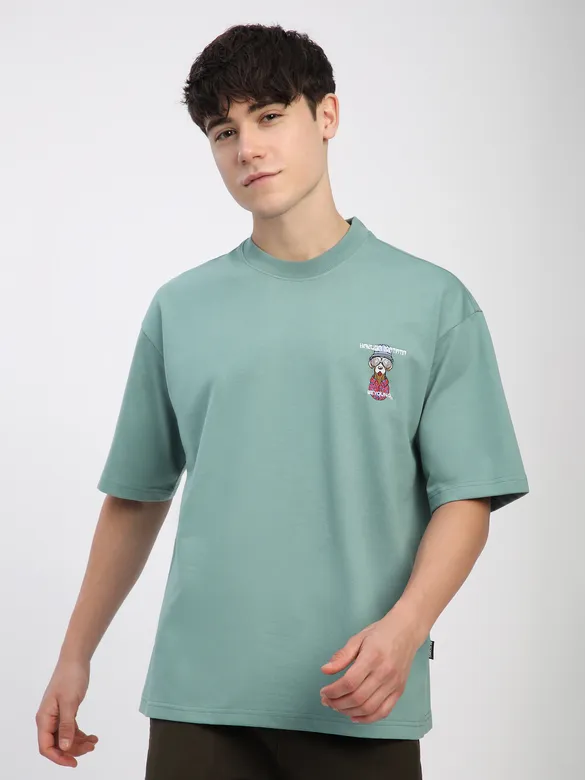 Teal Green Savage Junkie Embroidered Patch Oversized T-Shirt