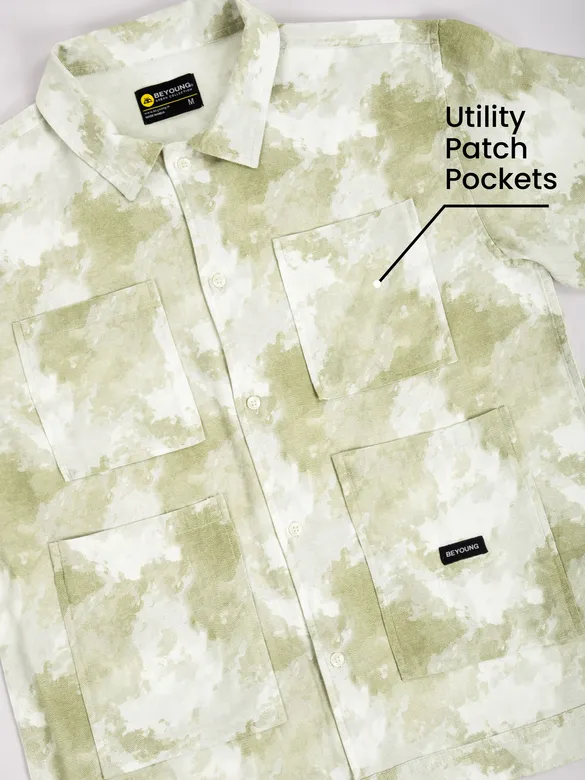 White and Light Olive Shacket-Fit Shirt