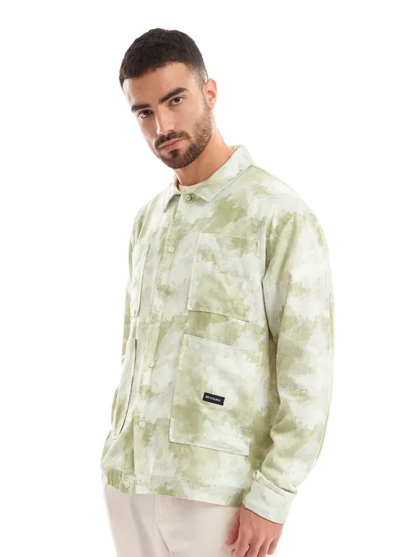 White and Light Olive Shacket-Fit Shirt