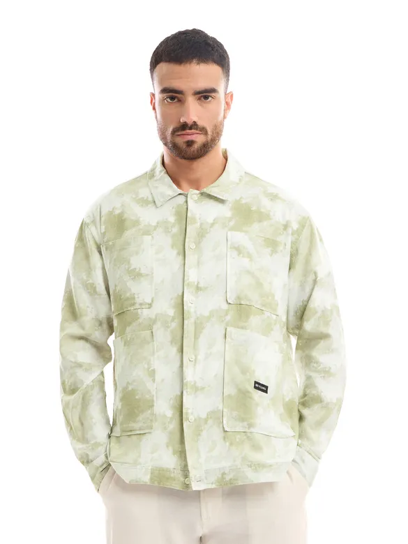 White and Light Olive Shacket-Fit Shirt
