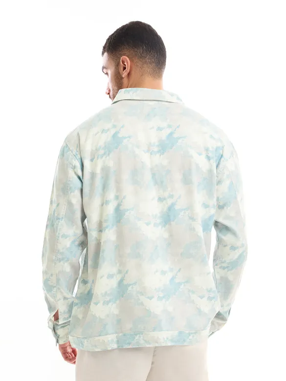 White and Sky Blue Shacket-Fit Shirt