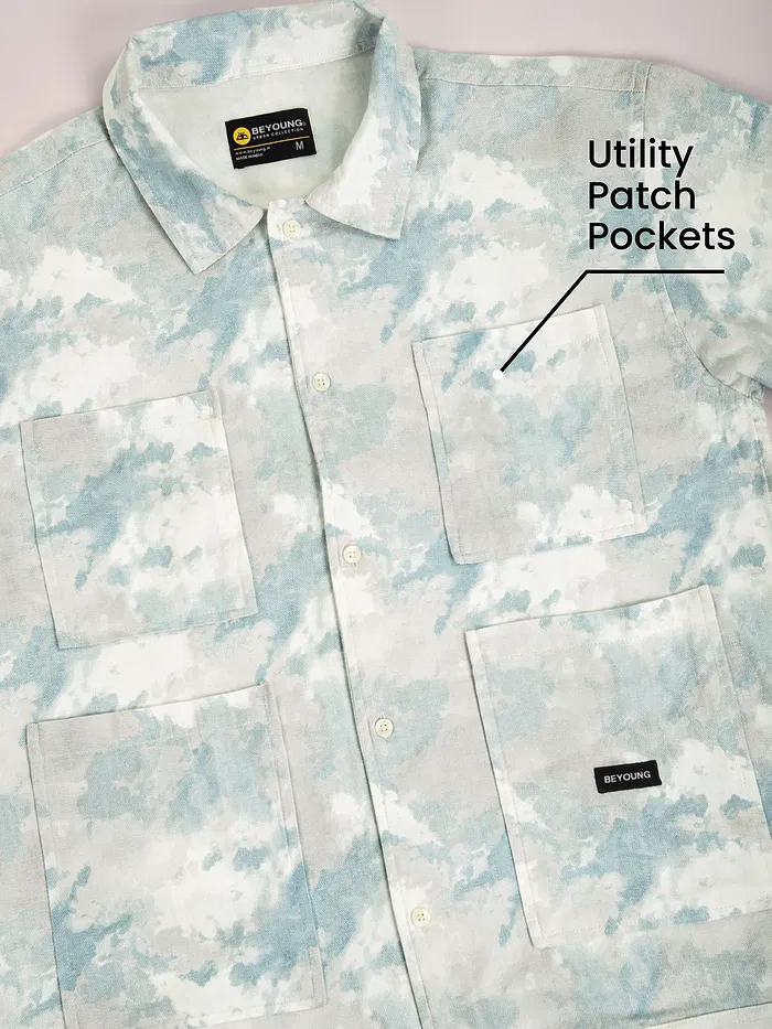 White and Sky Blue Shacket-Fit Shirt