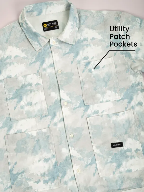 White and Sky Blue Shacket-Fit Shirt