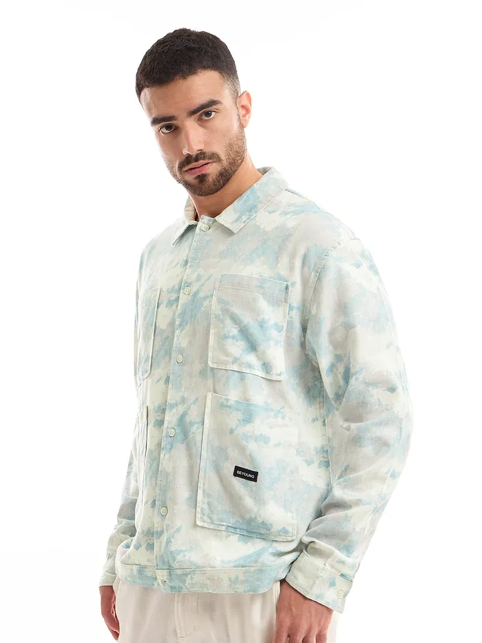 White and Sky Blue Shacket-Fit Shirt