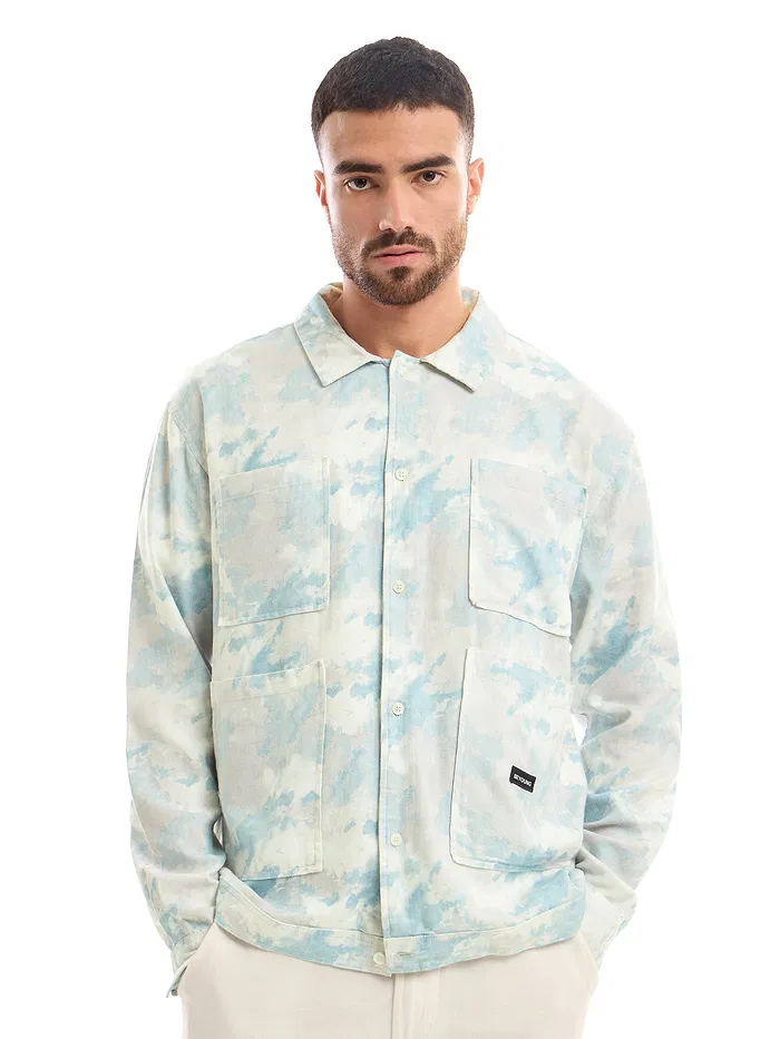 White and Sky Blue Shacket-Fit Shirt