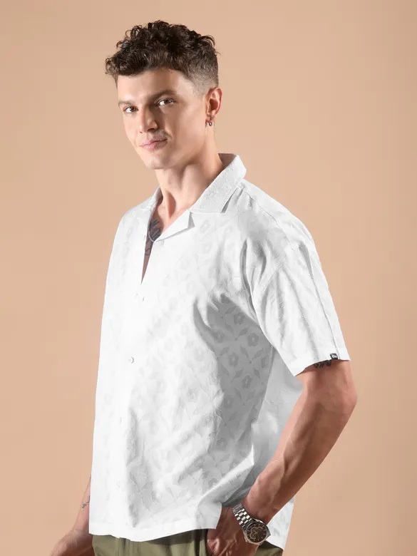 White Cutwork Jacquard Cuban Shirt