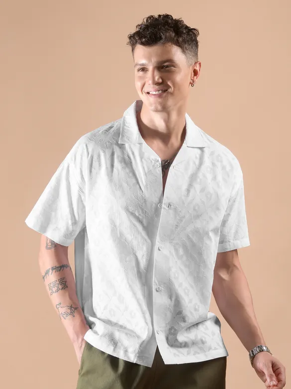 White Cutwork Jacquard Cuban Shirt