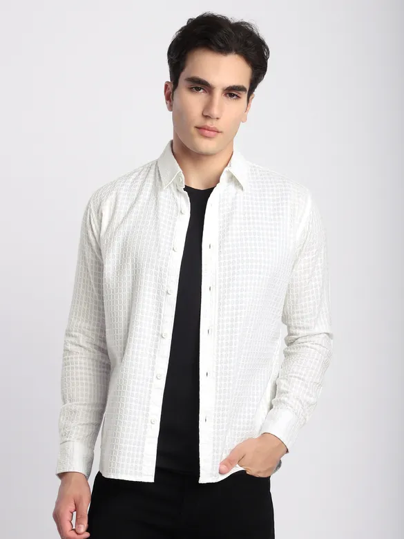 White Jacquard Round Textured Shirt