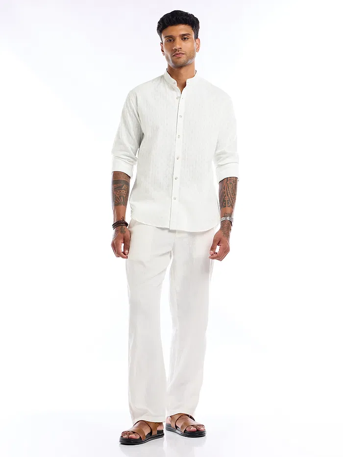 White Mandarin Collar Shirt For Men