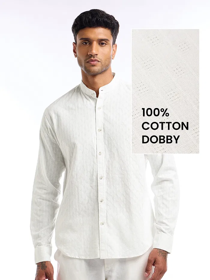 White Mandarin Collar Shirt For Men