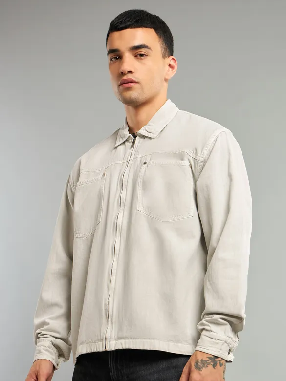 White Overdyed Zipper Shacket