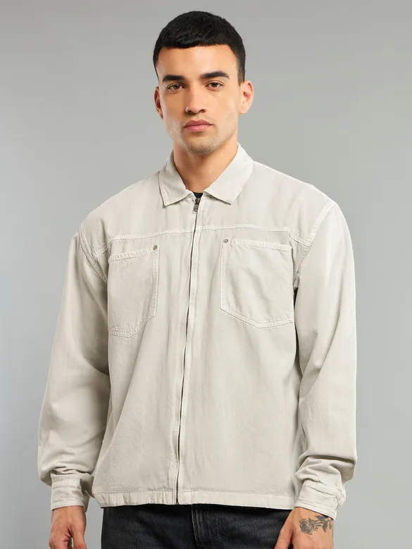White Overdyed Zipper Shacket