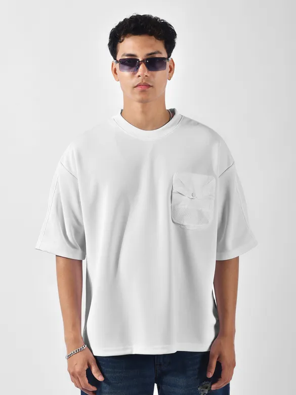 White Puff Patch Pocket Oversized T-Shirt