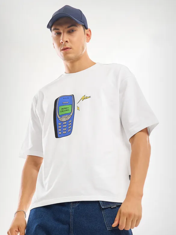White Puff Printed Oversized T-shirt For Men