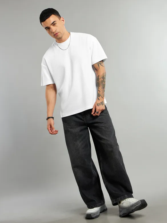 White Ribbed Texture Oversized T-Shirt