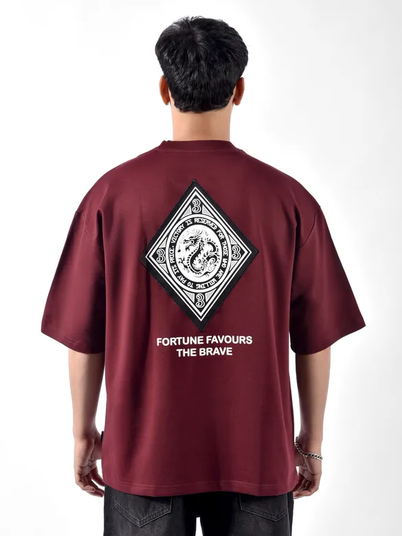 Wine Chinese Dragon Back Patch Oversized T-Shirt 