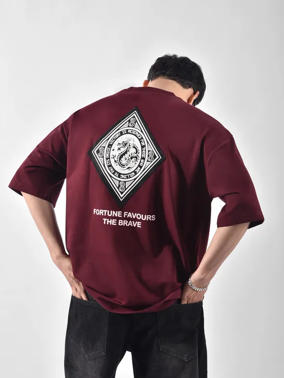Wine Chinese Dragon Back Patch Oversized T-Shirt