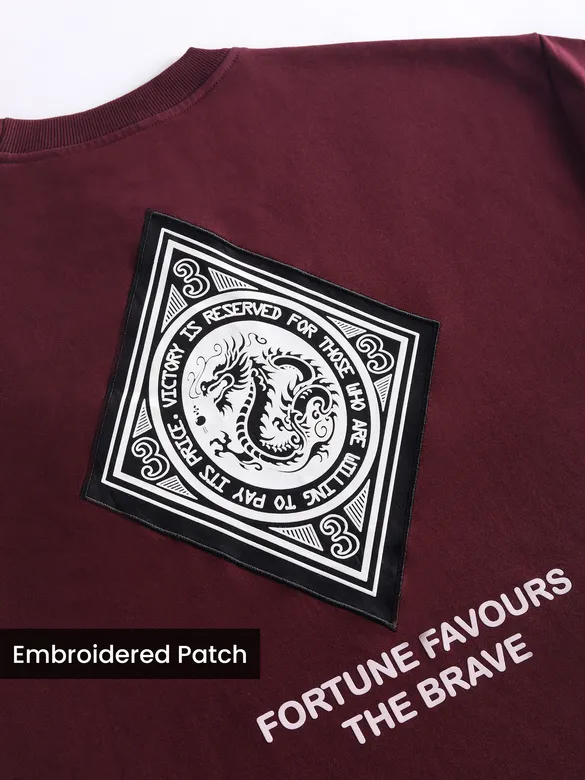 Wine Chinese Dragon Back Patch Oversized T-Shirt