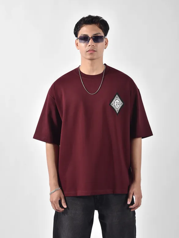 Wine Chinese Dragon Back Patch Oversized T-Shirt