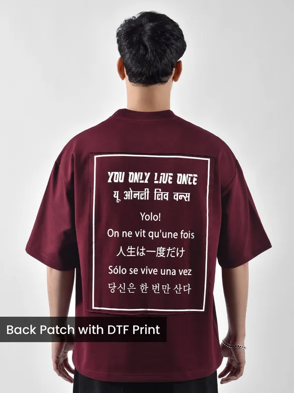 Wine YOLO Back Patch Print Oversized T-Shirt