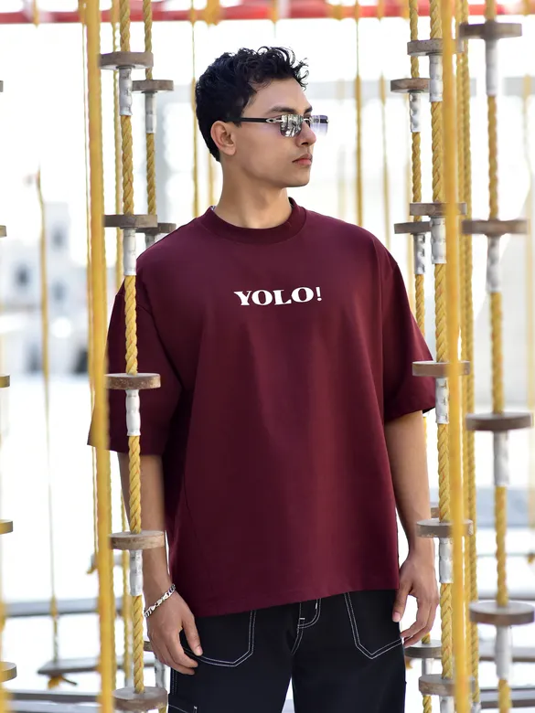 Wine YOLO Back Patch Print Oversized T-Shirt