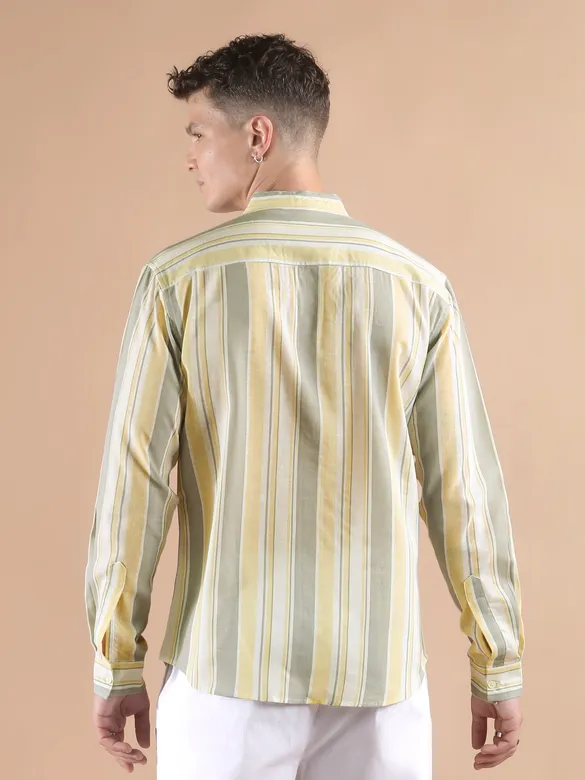 Yellow And Grey Stripe Mandarin Collar Shirt