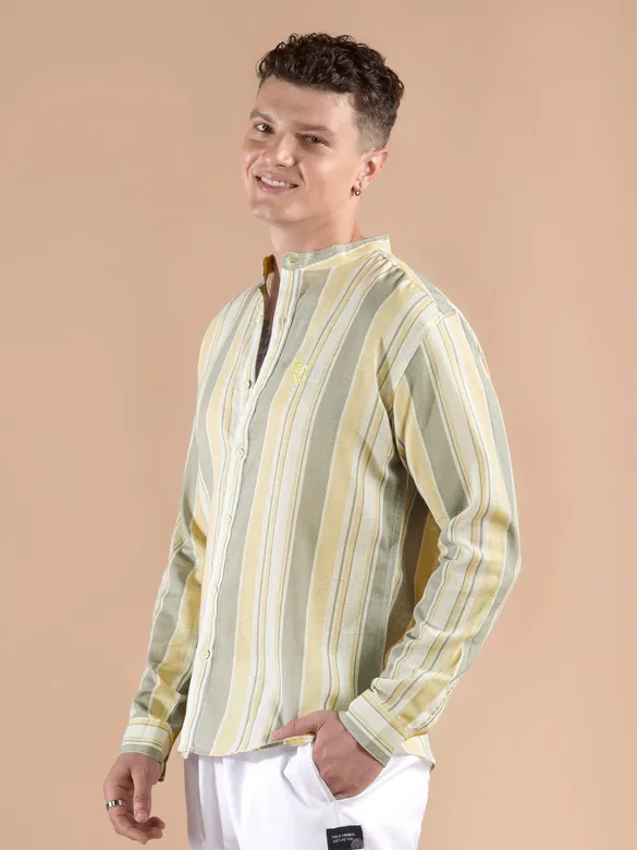 Yellow And Grey Stripe Mandarin Collar Shirt
