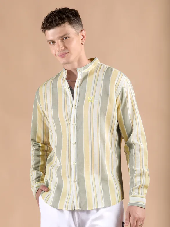 Yellow And Grey Stripe Mandarin Collar Shirt